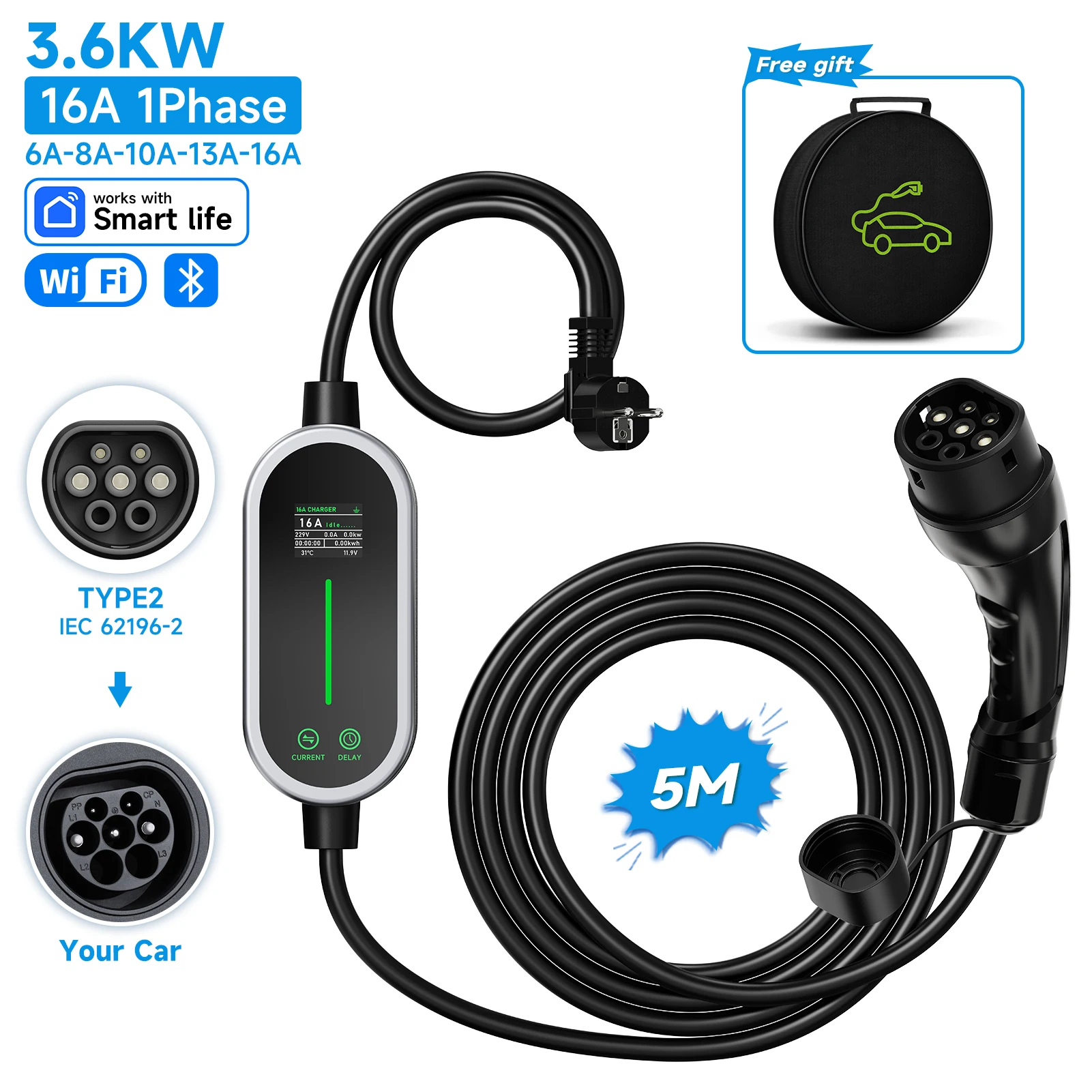 JNTAFEV 3.6KW Draagbare autolader Type2 16A Oplader voor elektrische voertuigen WiFi APP Bluetooth Draadloze bediening Snelle oplaadkabel