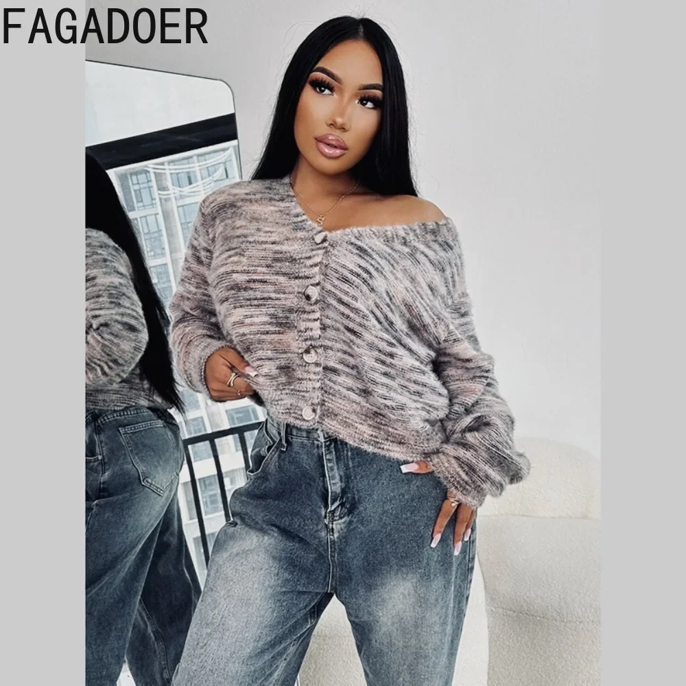 FAGADOER Casual Striped Knit Cardigan Women Winter Solid V-neck Buttons Crop Sweater Top Female Streetwear Clothing 2025 New