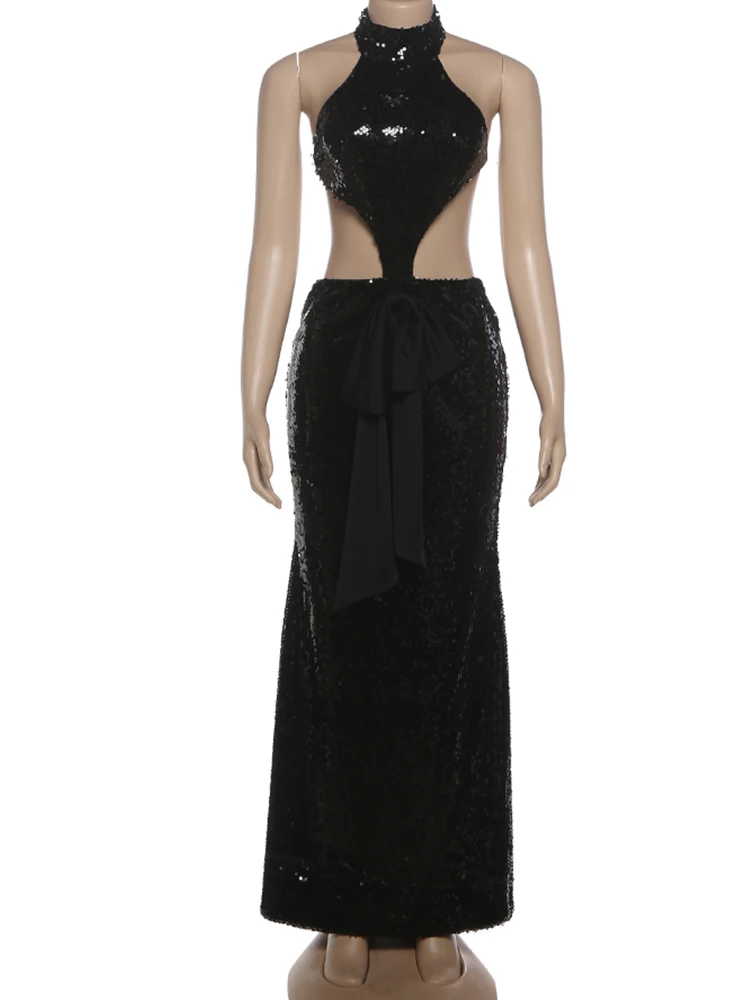 Nibber Dos Nu Robes Longues Femme Paillettes Patchwork Halter Col Roulé Forme Irrégulière Chaude Filles Bal Sexy Mode Robes