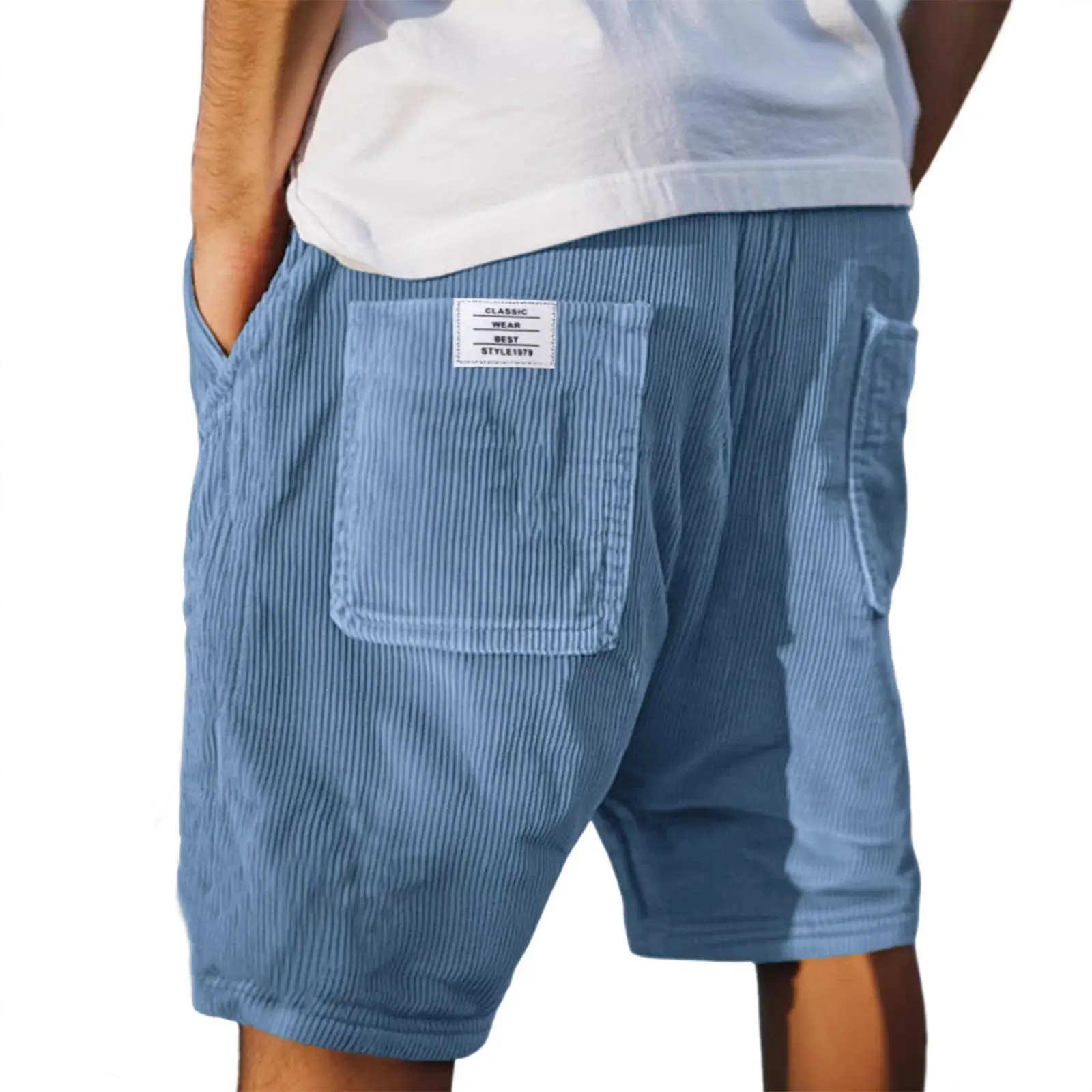 

Casual Stripe Drawstring Men's Shorts Sporty Versatile Five-Quarter Length Corduroy Four-Season Elasticity Light Stretch