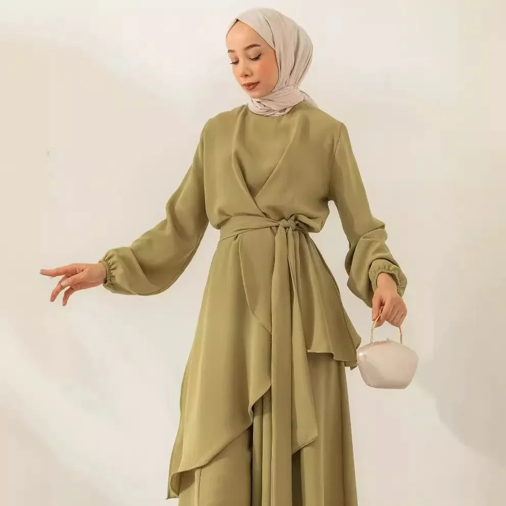 Muslim Two Piece Women Modest Set Top Lace Up Wide Leg Pants Suit Ramadan Morocco Dubai Islam Casual Ensemble Arabic Outfits
