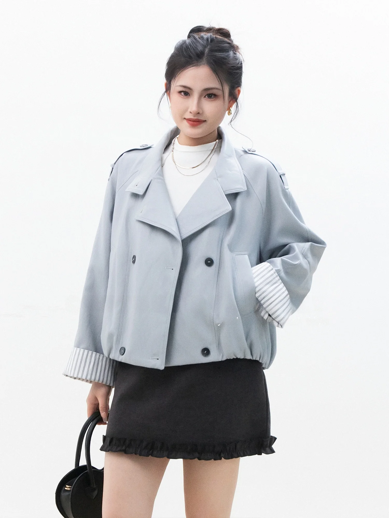 

Chelzy ort Double-Buttoned oulder-Drop Coat Korean Sle Stand Collar Women's Spring Autumn High-End Feel Commute Light M...