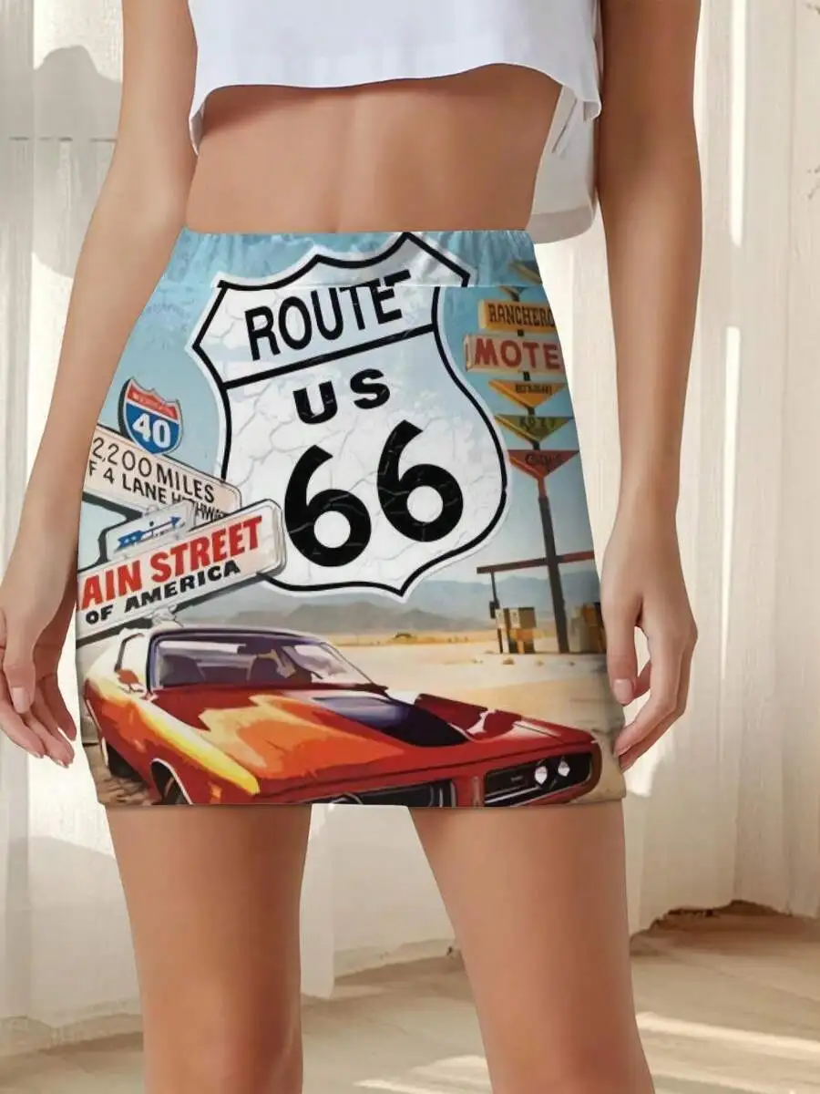 Women Summer Bodycon Skirt Route 66 Vintage Car Motel Americana Design Pencil Skirt
