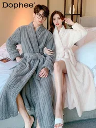 Fashion Night-Robe Couple Pajamas Men Women Autumn Winter Thick Fleece Long Bathrobe Warm Long Sleeve Solid Color Loungewear