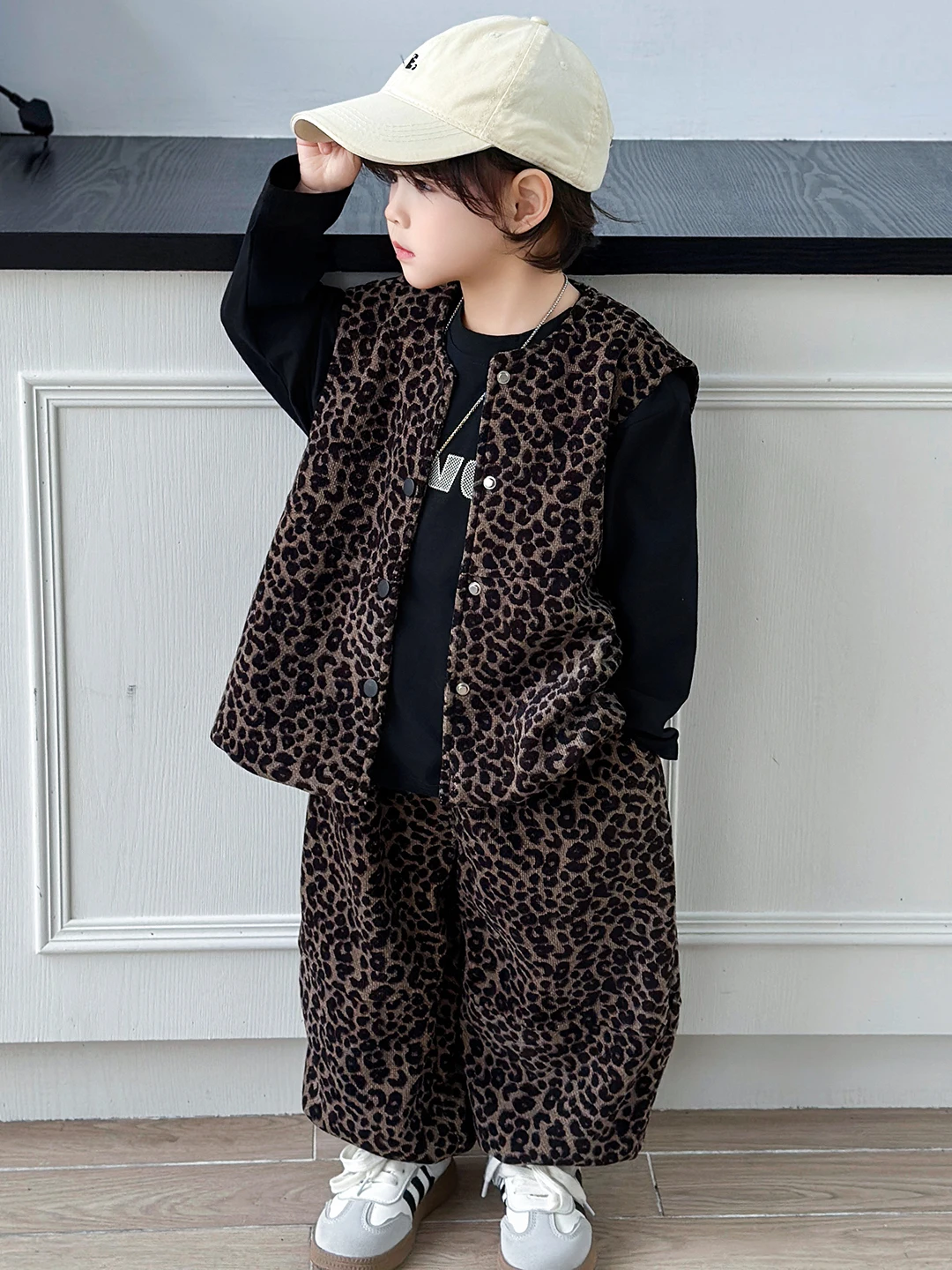 

Spring Faion Boys' Tee-Piece Set Leopard Print Vest Casual Sportswear Spring Autumn Sle Children's Clothing Boys' Outfits