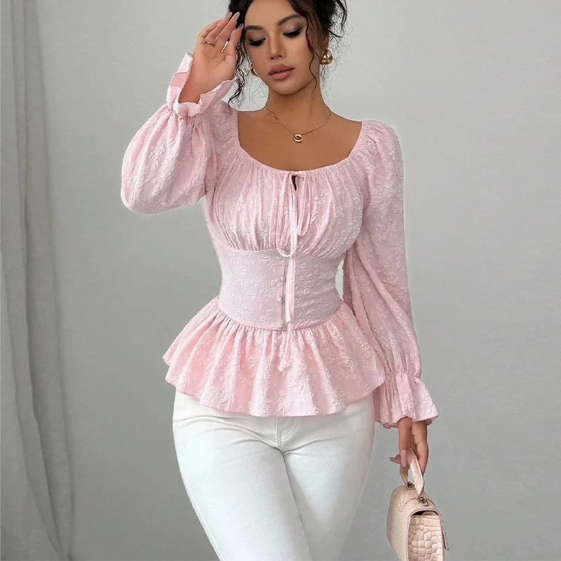 

Cross-Border Amazon Foreign Trade French-Style Design Shirt, 2026 Autumn New U-Neck Tie Long-Sleeve Top