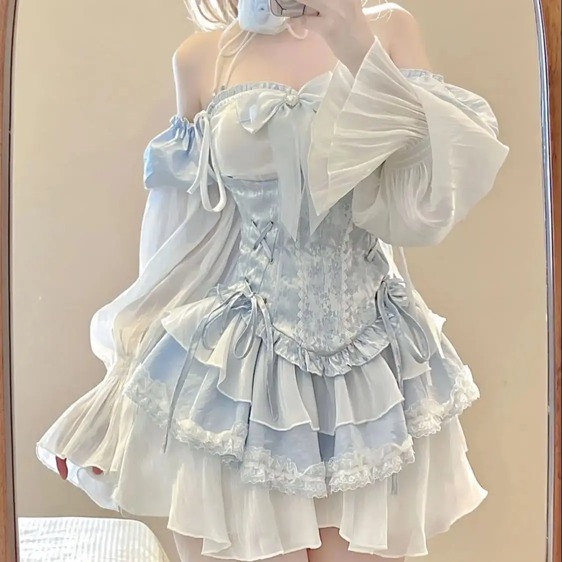 Dress Blue Lolita Clothing Suit Slim Waist Shaping + Kawaii Y2k Mini Dress Elegant Short Party Japanese Style Suit 2024 Summer