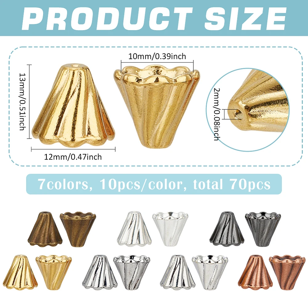 70pcs Cone Bead Caps Alloy Bead Caps 7 Colors Style Alloy Flower Cap Spacer Bead Tassel Ends Cap for Bracelet Necklace Earring