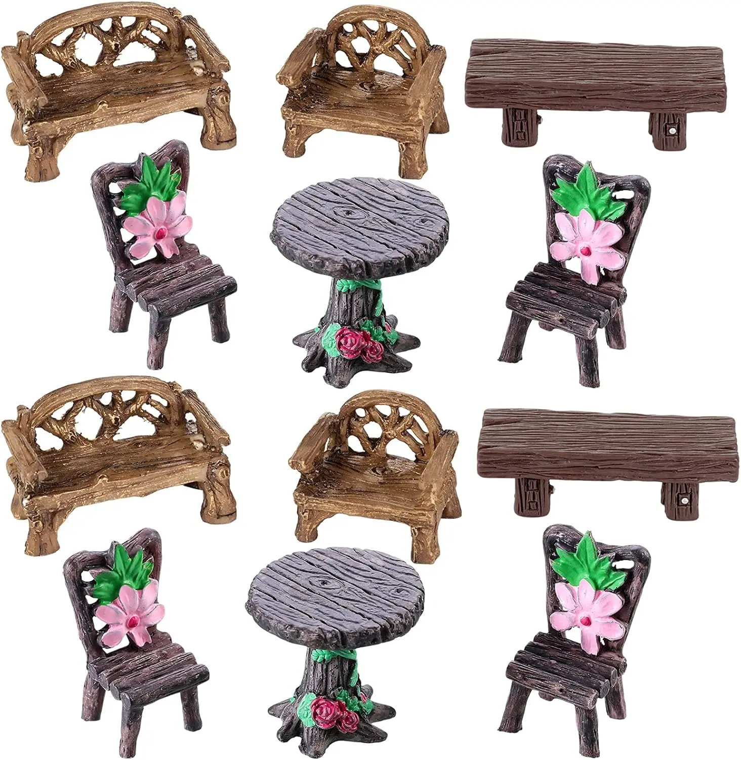 

12Pcs Miniature Garden Furniture Set Table Chairs Bench Resin Dollhouse Decor