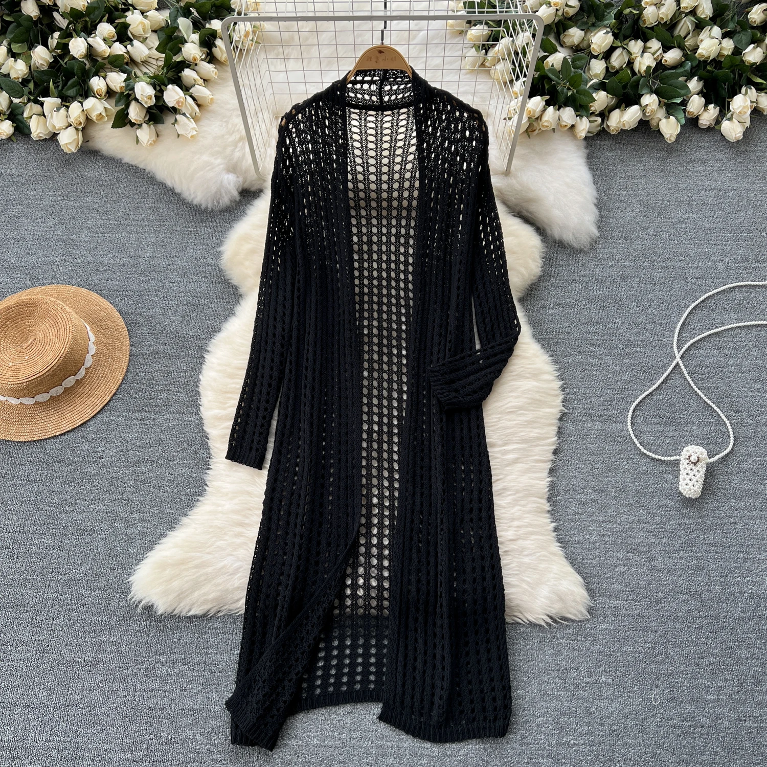 Mid Length Shawl Jacket Hollowed Out Knitted Cardigan Loose Cover Up For Summer Sunscreen Hook Flower Vintage Layered Jacket