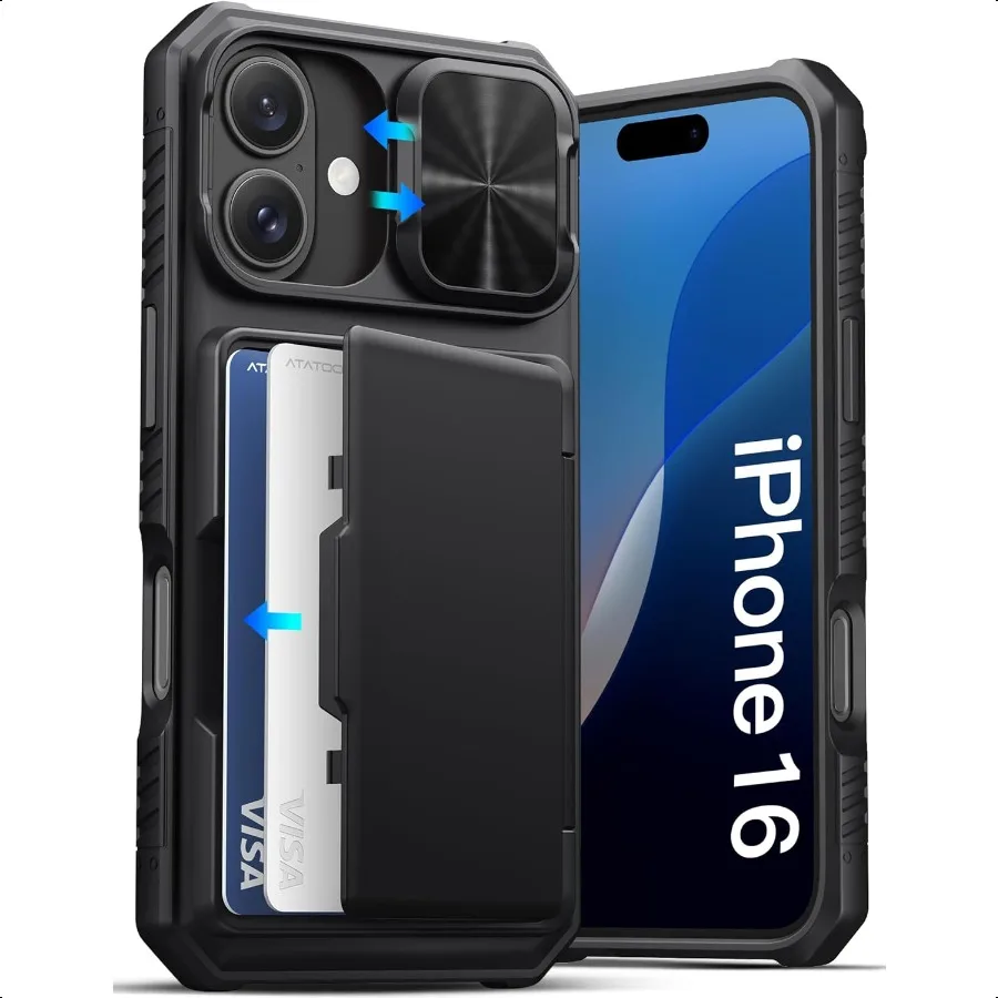 

for iPhone 16 Case with Card Holder Store 35 Cards [RFID Blocking] and Slide Camera Cover Military Grade Protection Rugged Sili
