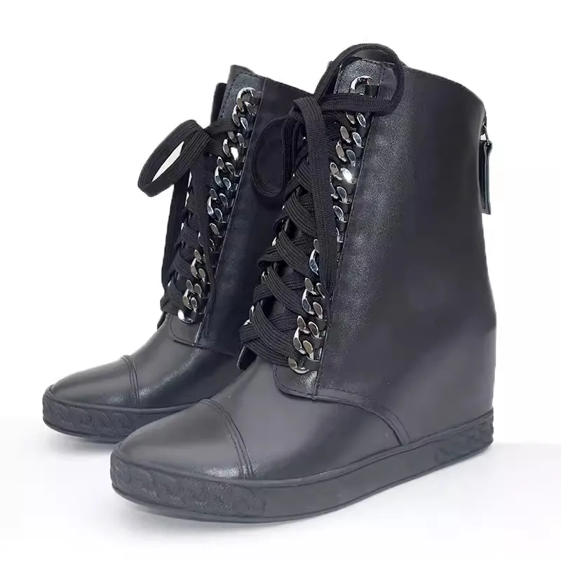 

Women Back Zipper Hidden Wedge Platform Fashion Lace Up Metal Chain Height Increasing Short Ankle Boots Shoes