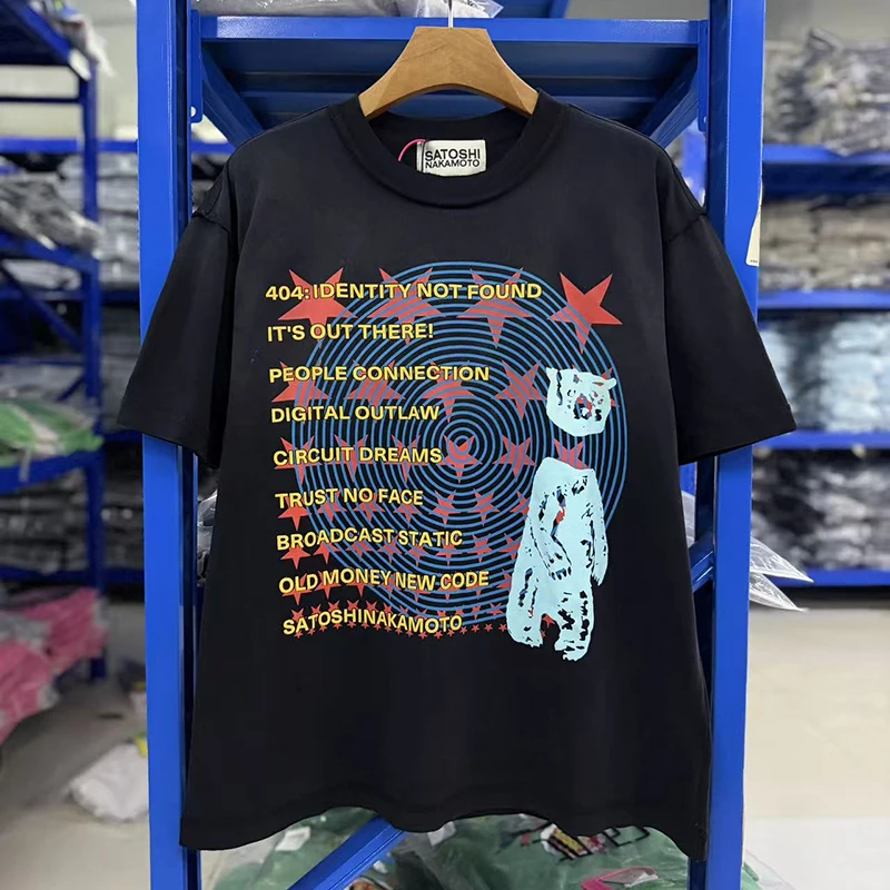 Satoshi T-Shirt American Decapitated Bear Print Washed Distressed Loose Fit Cotton Short Sleeve Top Men Women