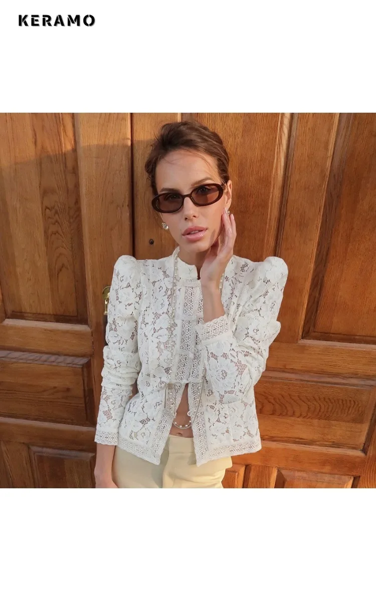 

French Elegant Style Lady Stand Collar Lace Patchwork Luxury Blouses 2025 Autumn Women Long Sleeve Slim Fit White Shirts Top