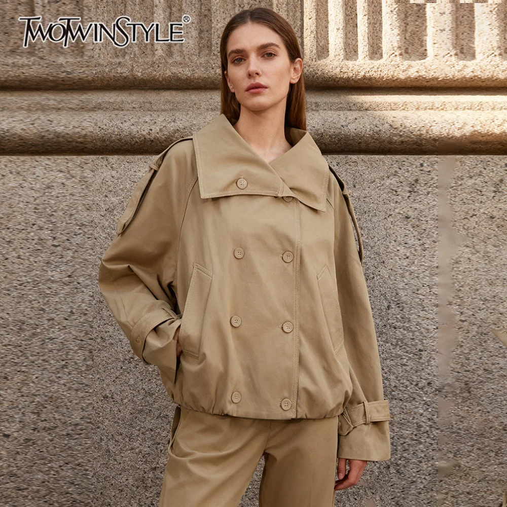 

TWOTWINSTYLE Loose Spliced Double Breasted Casual Jackets for Women Lapel Long Sleeves Patchwork Belts Basics Jacket Female New
