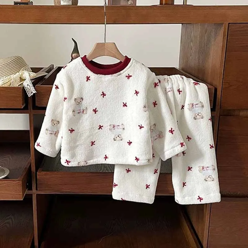 

Мягкий костюм для девочек, детские флисовые пижамные комплекты, зимний топ с бантом, брюки, 2 шт., осень 2021, новая домашняя одежда, детская повседневная одежда