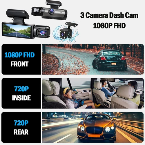 Imagen 2 del producto Cámara de salpicadero para coche DVR 1080P Dashcam para cámara de vigilancia de coche, grabadora de conducción de vídeo para Interior delantero y trasero de 3 lentes