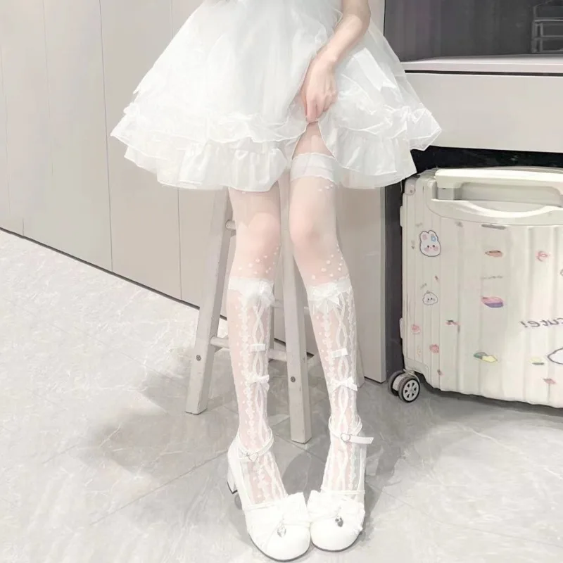 

Lolita Cross Bow Glass Silk Strap Over Knee Stockings White Thigh Socks Trendy Cute Japanese Women's Socks