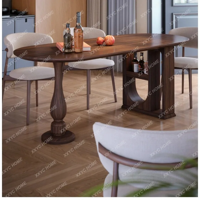 XX retro medieval solid wood dining table oval semicircular small apartment foldable walnut dining table
