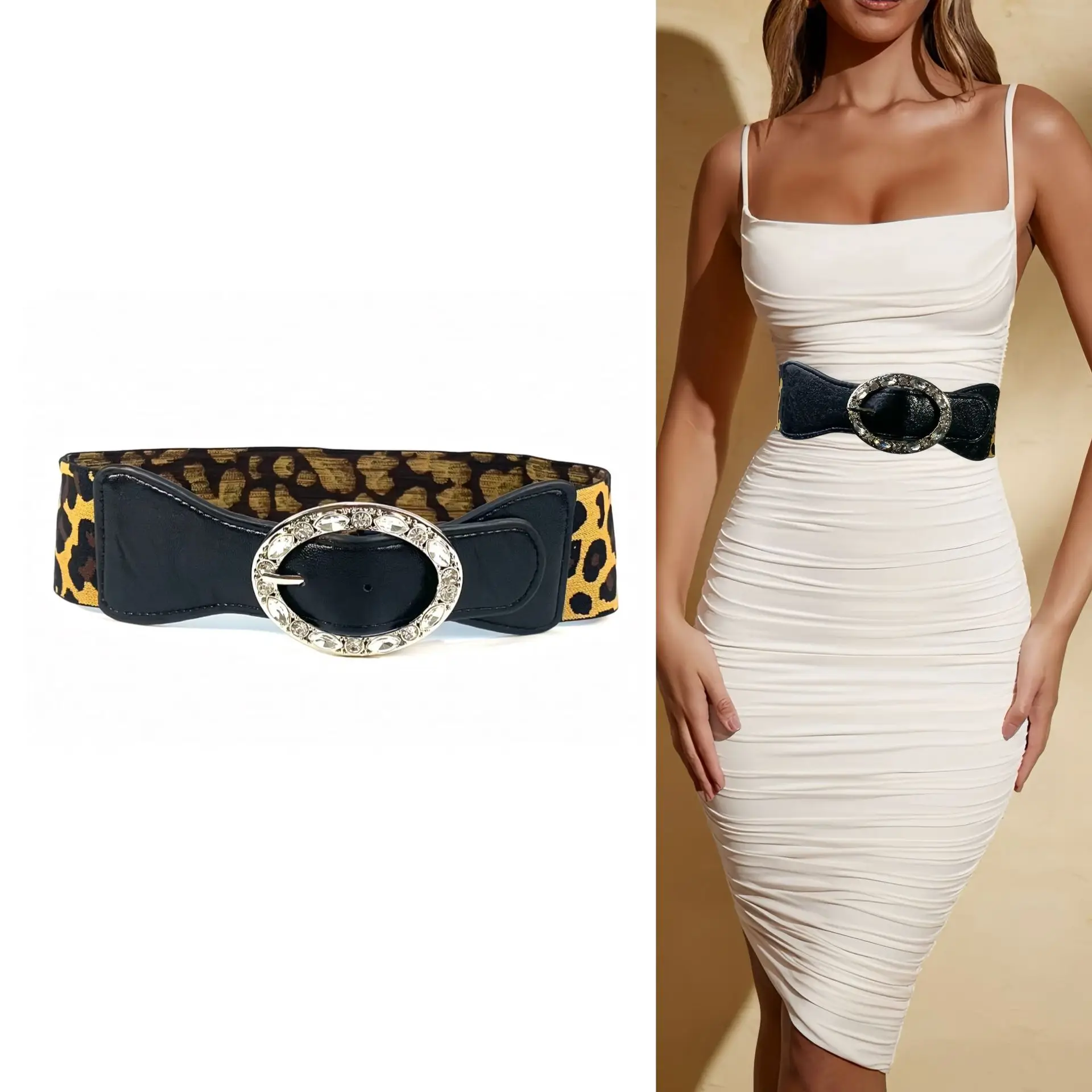 شخصية ريترو ستايل ليوبارد طباعة واسعة حزام فستان مزخرف عصري ومتعدد الاستخدامات حزام فرعي