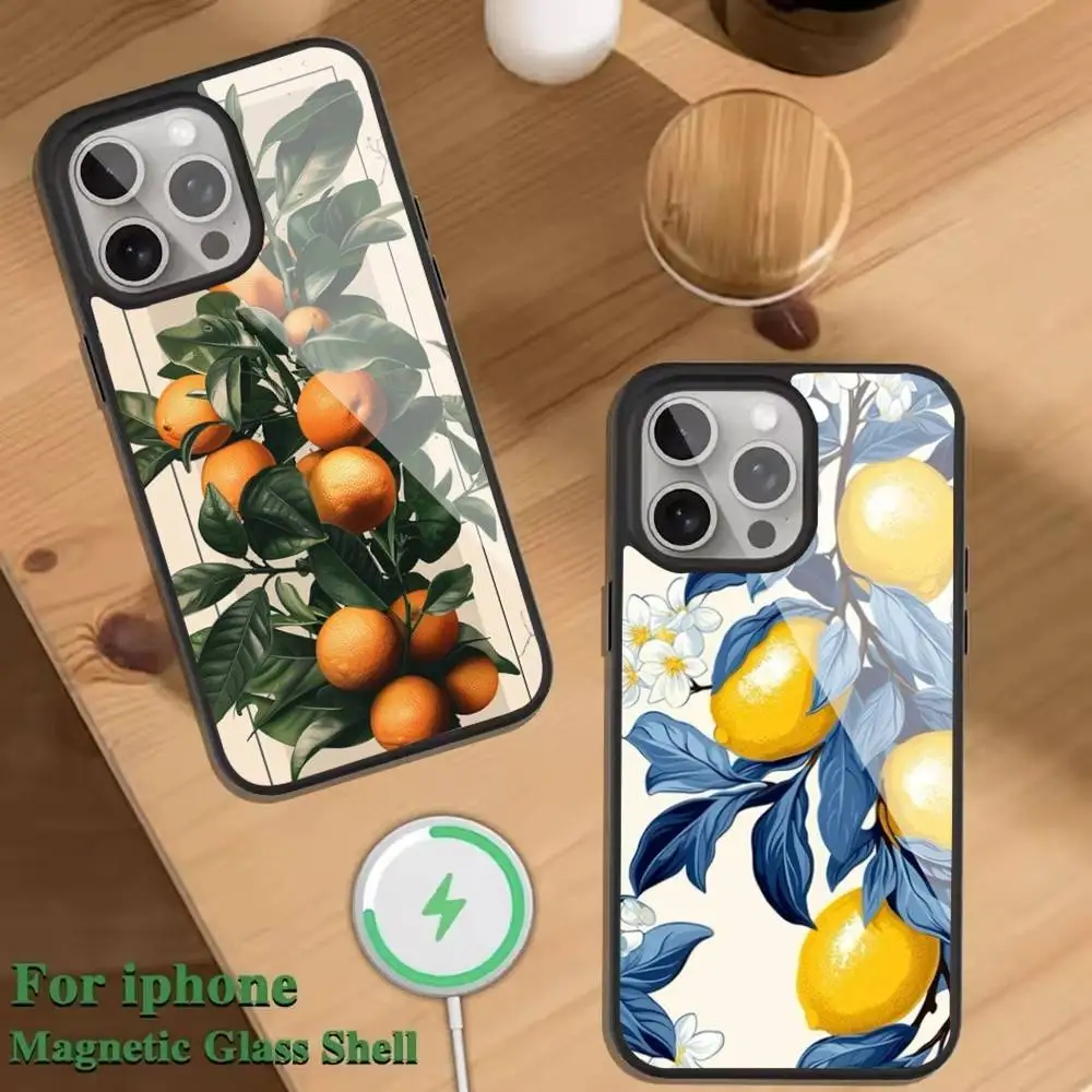 

Summer Fruit Lemon Flower Phone Case For Magnetic Wireless Charge Cover For iphone 16 15 14 13 12 11 Pro Max Plus Coque