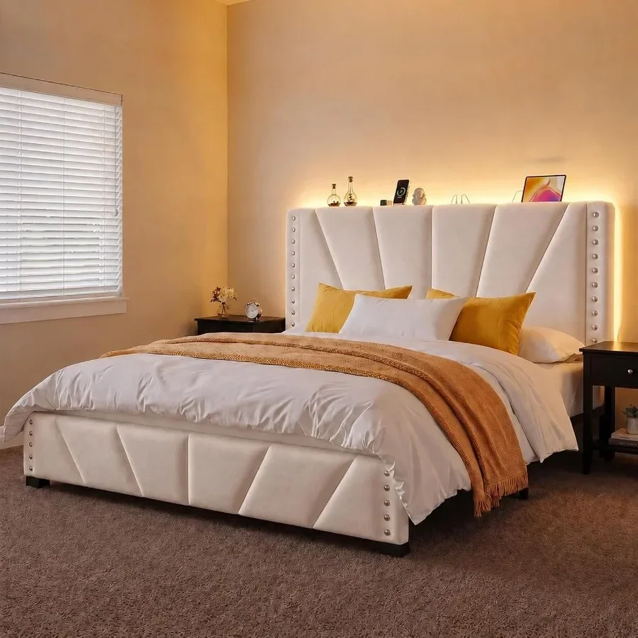 Queen Bed Frame with LED Lights USB, Noise-Free, Beige