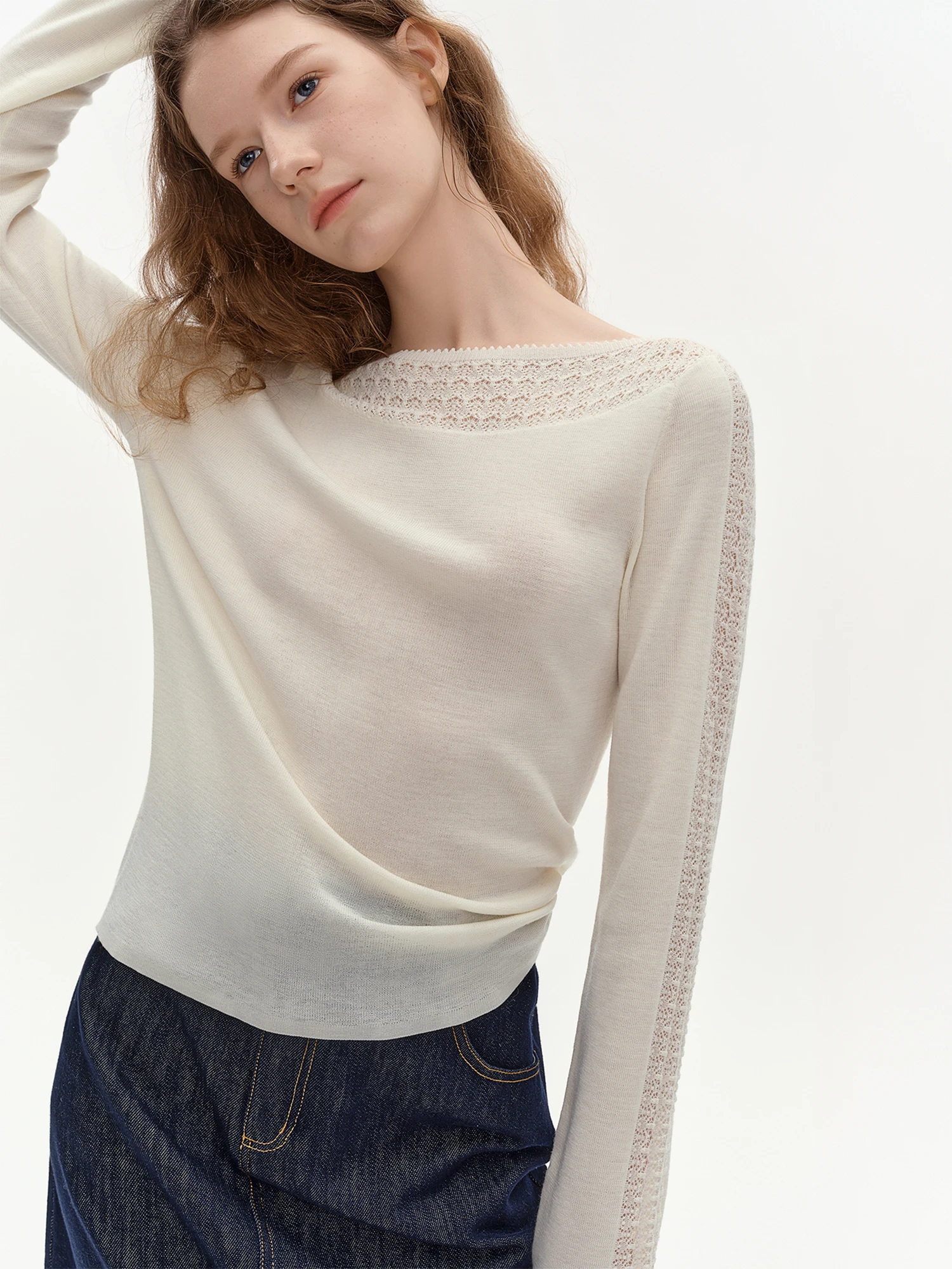 DUSHU 2026 Winter Women's Boat Neck Openwork Jacquard Knit Sweater - Classic Chic Sweet Elegant Fitted Top for Daily Wear