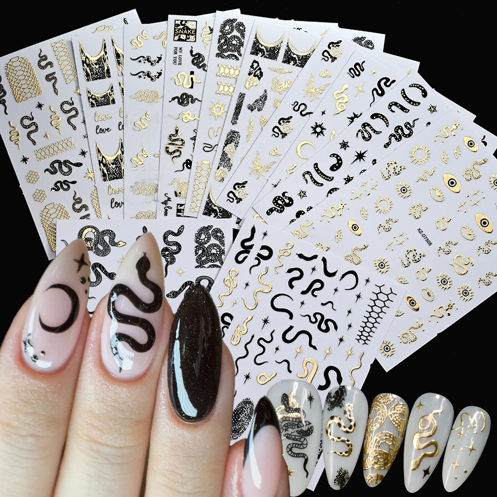 

12pcs/set Snake Star Moon Nail Stickers 3D Gold Black Serpent Design Nail Slider Decal Y2k Sexy Snake Self-Adhesive Manicure Dec