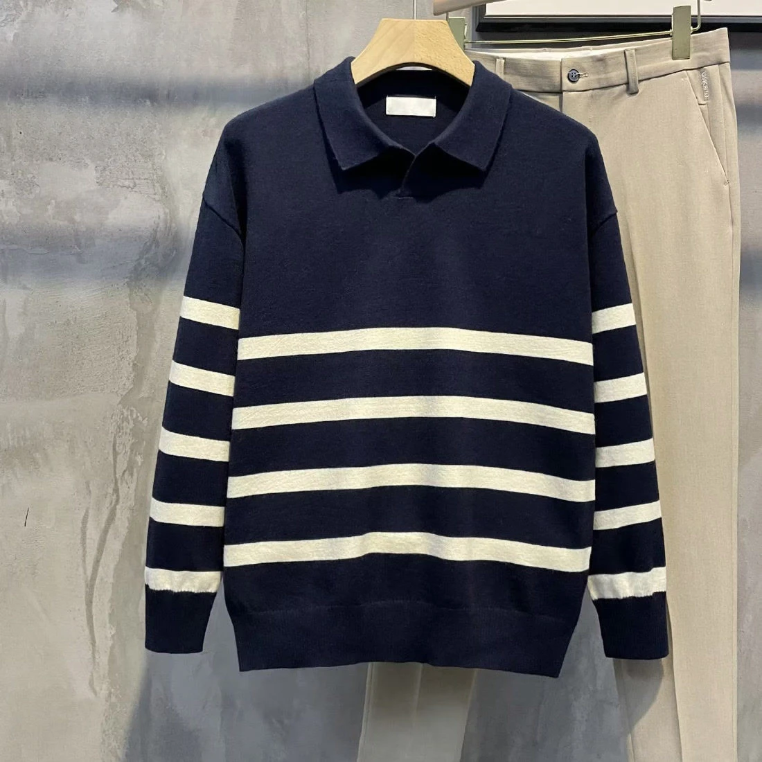 Men's Clothing Collared Knit Sweater Male Japanese Harajuku Fashion Beige Striped Pullovers Y2k Vintage Cotton Designer Luxury X