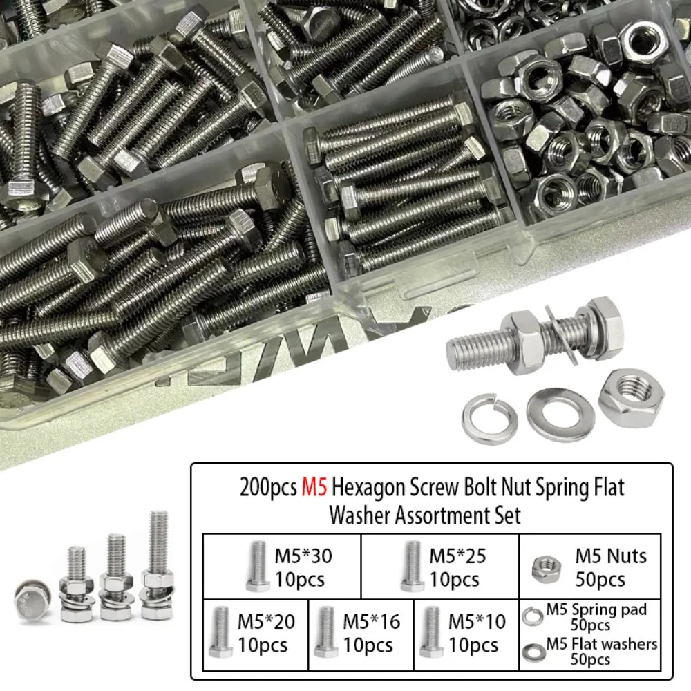 Set of 200pcs M5 Stainless Steel Hex Bolts, Nuts, Spring Washers and Flat Washers, Lengths: 10mm, 16mm, 20mm, 25mm, 30mm