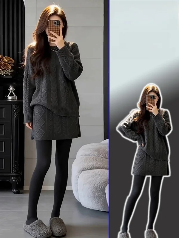 

Комплект из свитера с круглым вырезом и юбки в стиле ретро больших размеров: модный, стройнящий, с высокой талией, зимний наряд