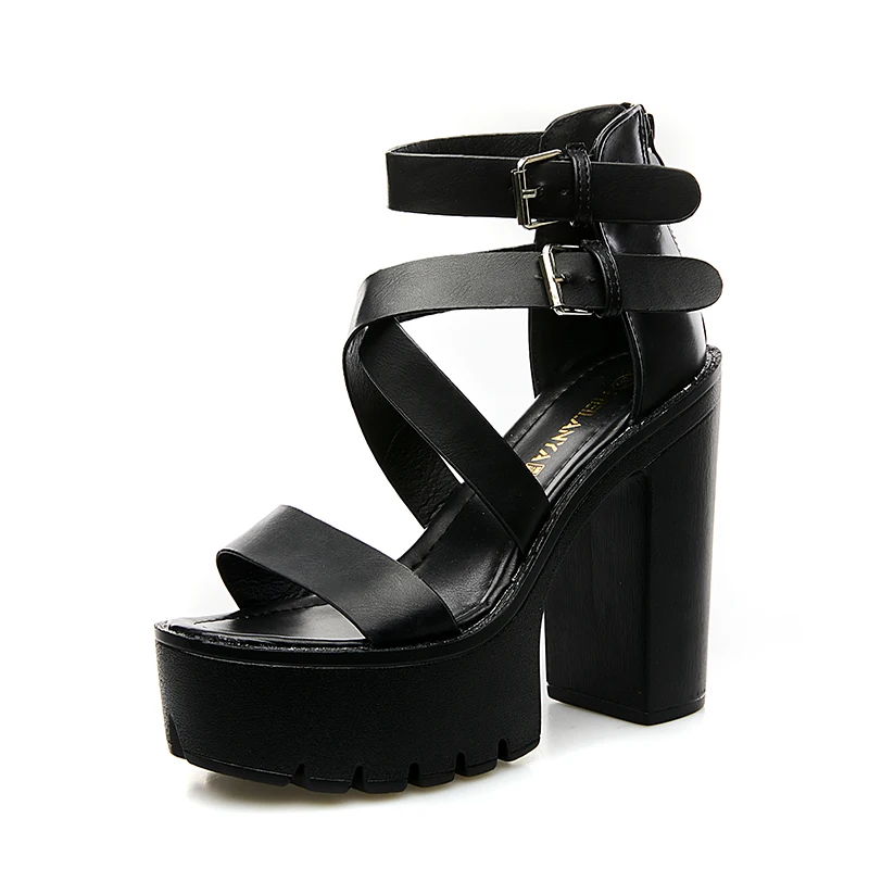 13cm Chunky Heeled Sandals Woman Platform Shoes Black Narrowband Cross Buckle Punk Shoes Summer High Heels Ladies Sandals