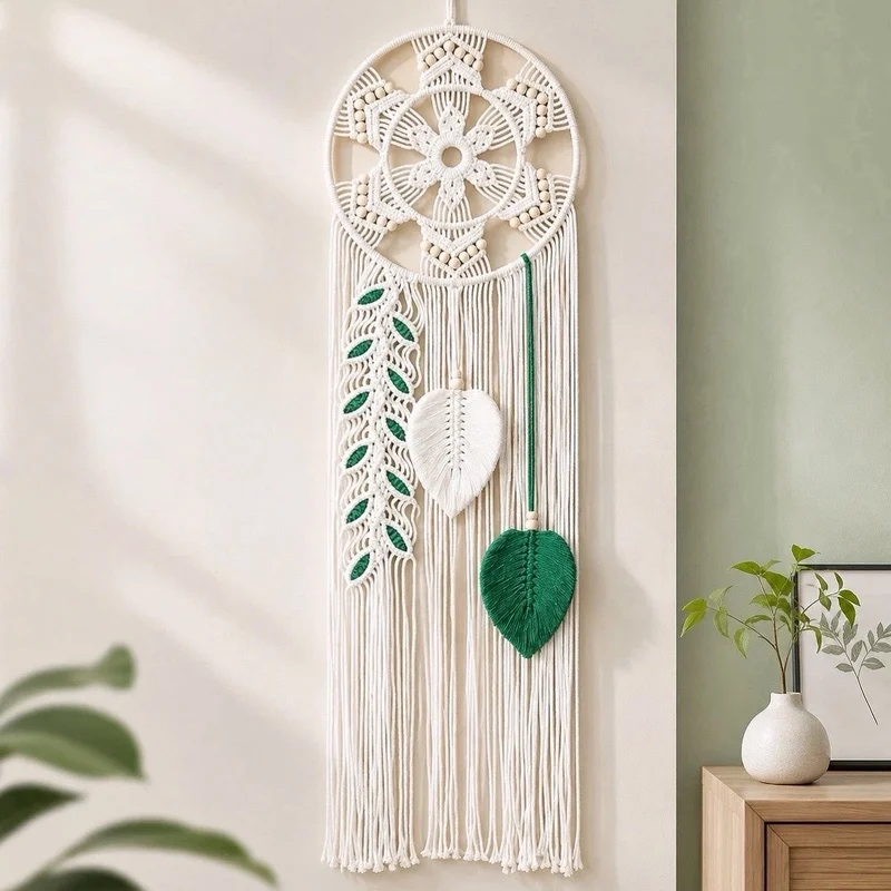 Hand Woven Macrame Dreamcatcher Tapestry, Green Leaf Boho Wall Hanging for Bedroom Home Decor, Cotton Rope Wall Art Ornament