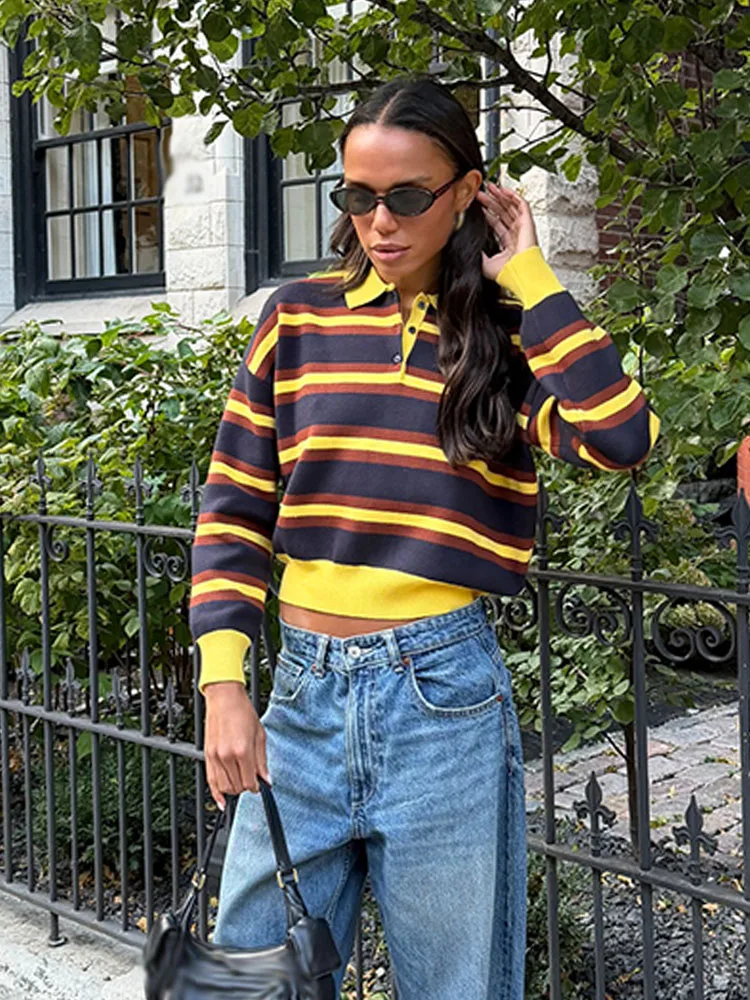 

HH Новый женский полосатый свитер с длинными рукавами и пуговицами, воротник-поло, пуловер, вязаный свитер, женские облегающие топы для отдыха