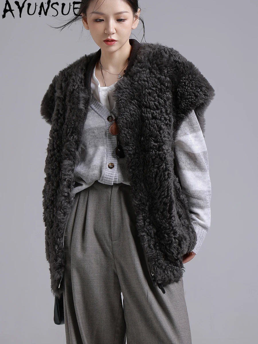 AYUNSUE หนังแกะจริงขนสัตว์เสื้อกั๊กผู้หญิงจริงหนังเสื้อแขนกุดกลางความยาวเสื้อ 2025 ฤดูหนาวเสื้อผ้าหญิงба