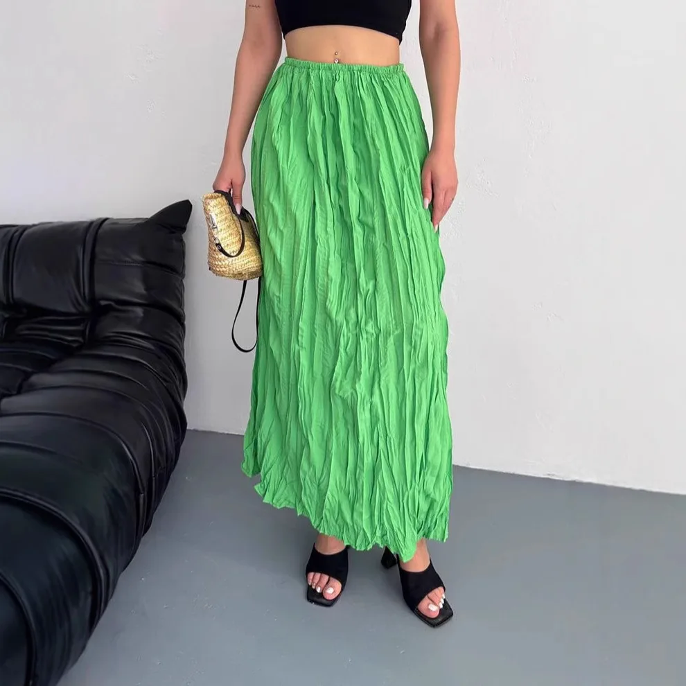 Skirt Solid Elastic Waist Women Skirts Loose Fit Spliced Ankle Length Skirts Basics Pleated Dress Casual Slight Strech 2025