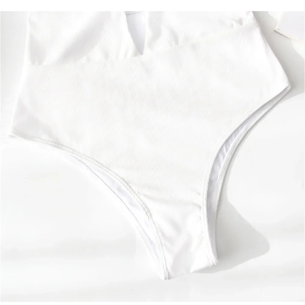 White Bikini Ribbed Sexy Hollow Out Beads Swimsuit Halter Hook Backless One-piece Swimwear Y2K Monokini Women Beach Bathing Suit