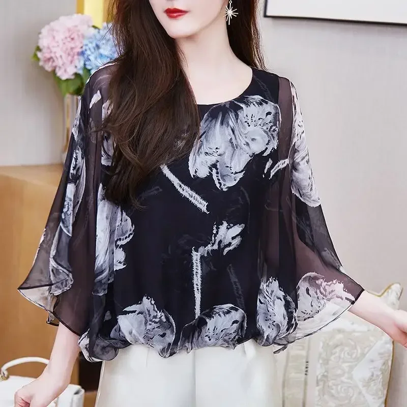 

Vintage Printed O-Neck Batwing Sleeve Floral Blouses Women's Clothing 2024 Summer Loose All-match Tops Office Lady Shirts Z270