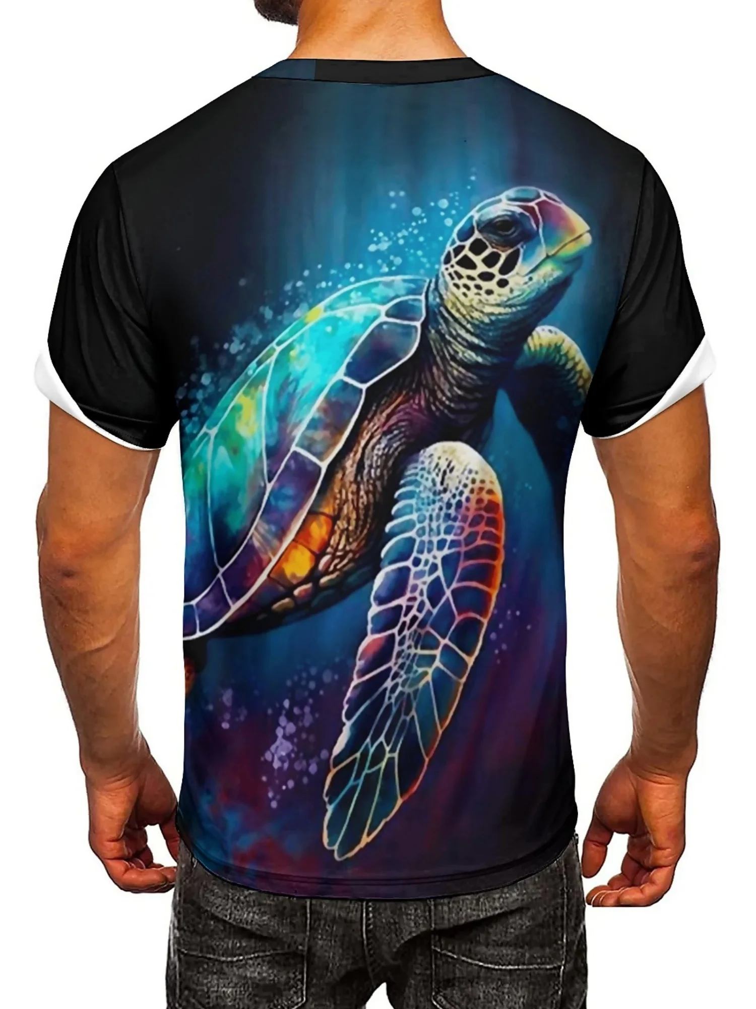 Camiseta vibrante com estampa de tartaruga marinha 3D para homens e mulheres, manga curta, gola redonda, tecido de poliéster, perfeita para viagens
