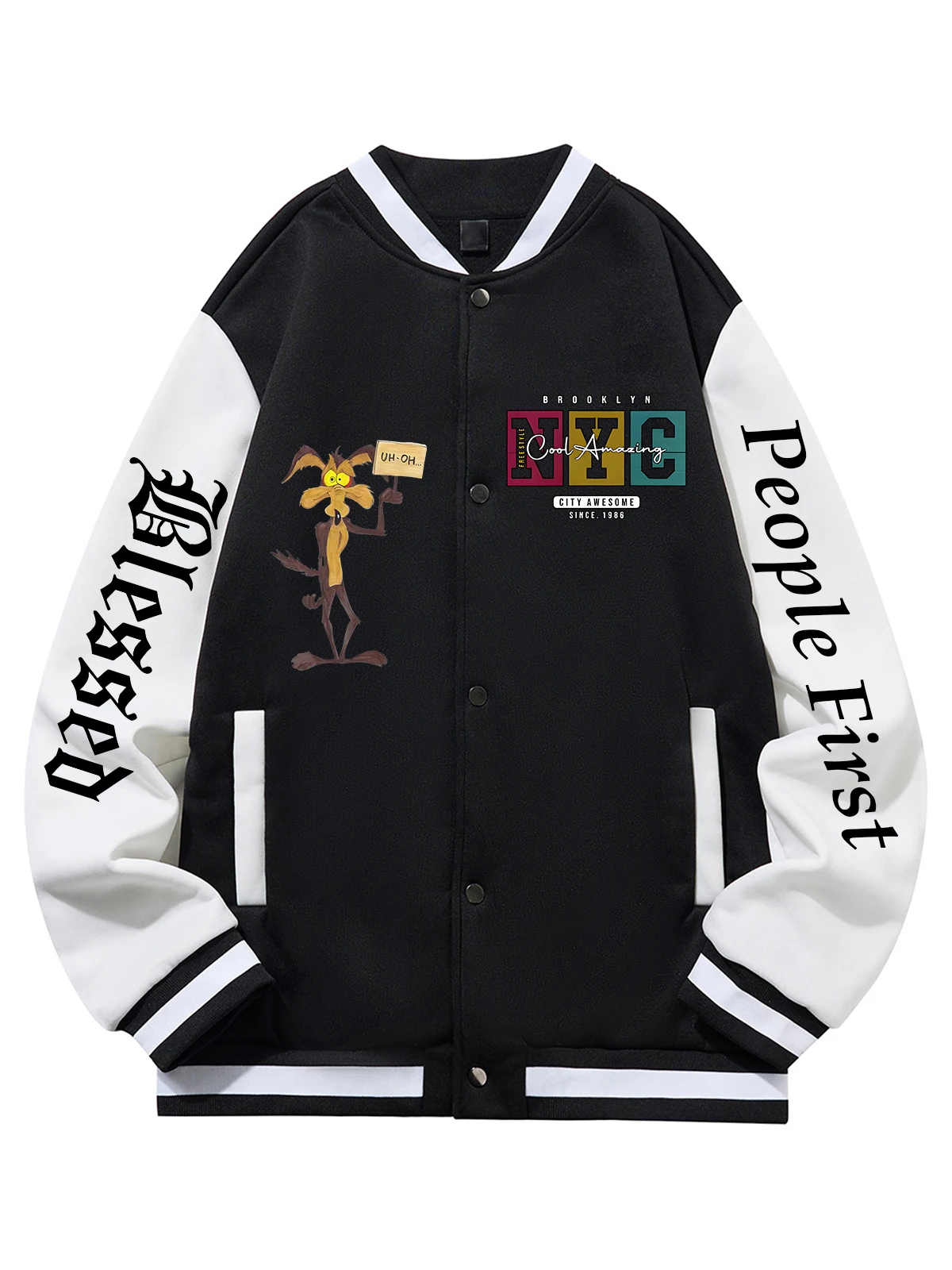 

Black Blue Green Double-Sided Print Jacket Loose Oversized XS-XXL Unisex Baseball Jacket Streetwear Coat Warm Fleece Soft Jacket