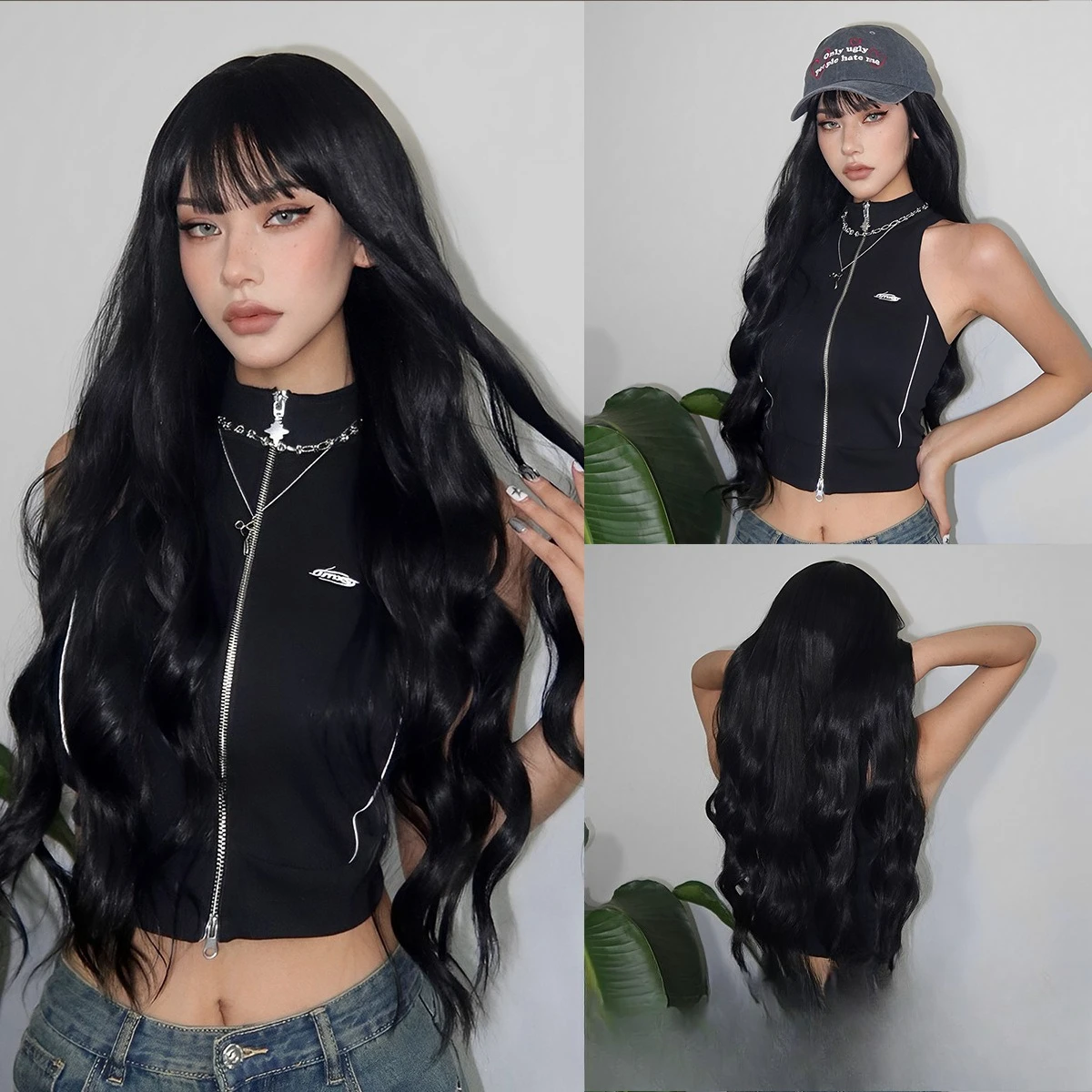 

Парик женский Премиум Черный Ци Челка Длинные Вьющиеся Волосы Полный Капюшон Пятно Парики Локомотив Премиум