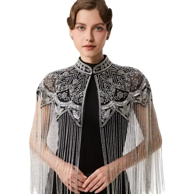 X5XA One-Size Evening Shoulder Wrap with Long Fringe for Dinners and Travel