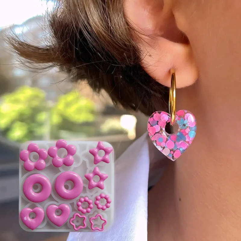 Moldes de joyería multifuncionales DIY, pendientes colgantes 3D, moldes de resina, anillos, guirnaldas de flores de amor y estrella, pendientes con forma, moldes de silicona