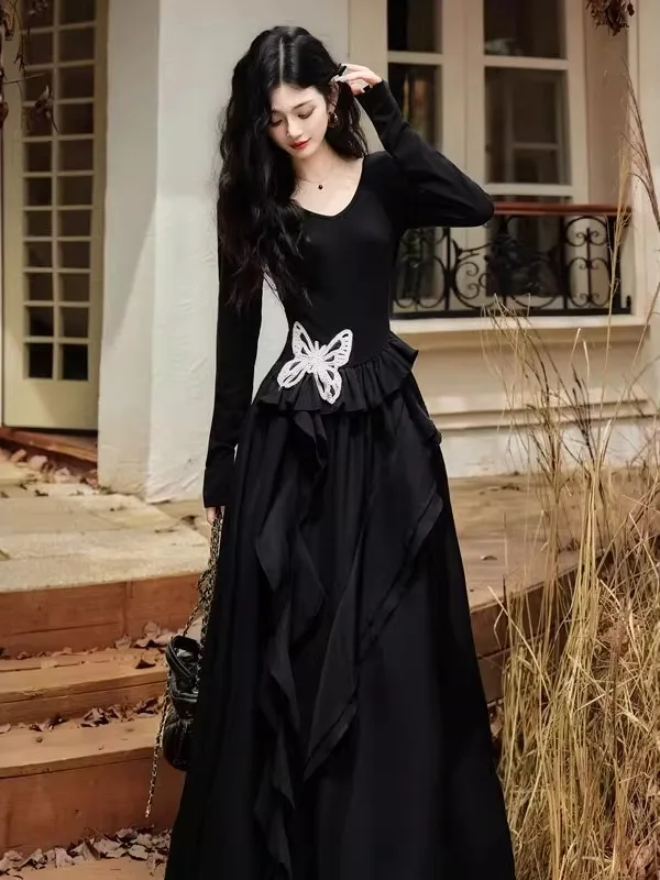 

Retro Unique Waist Cinched Long Dr Sli High Waist Cotton Blend Midi Dr for Autumn Winter Seasonal Faion