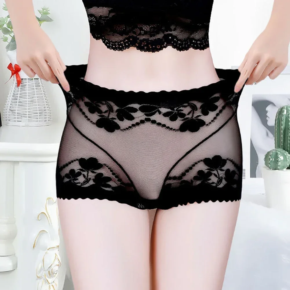 Women Floral Mesh Comfort Sheer Transparent Underwear High Rise Seamless Briefs Panties Elastic Solid Ladies Shorts