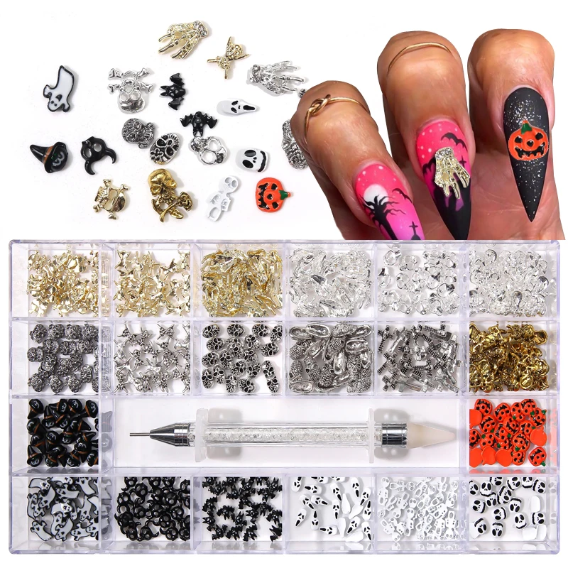 Nail Art Decoration for Halloween Nail Charms Rhinestones Box Mixed Skull Pumpkin Xmas Design Nails Christmas Crafts Accessories