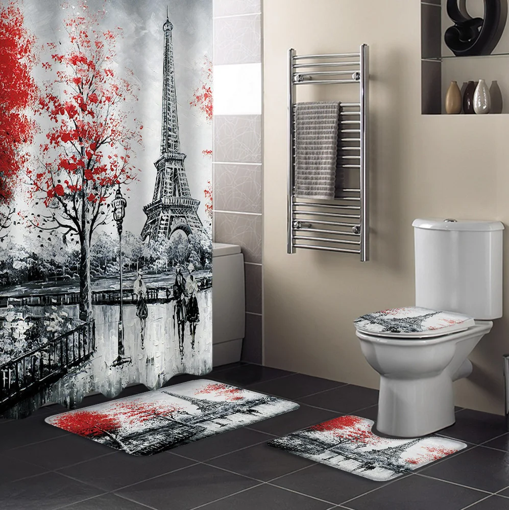 Eiffel Tower Oil Painting Print Shower Curtain and Bath Rugs Set Modern Bath Curtains for Bathroom Home Decor