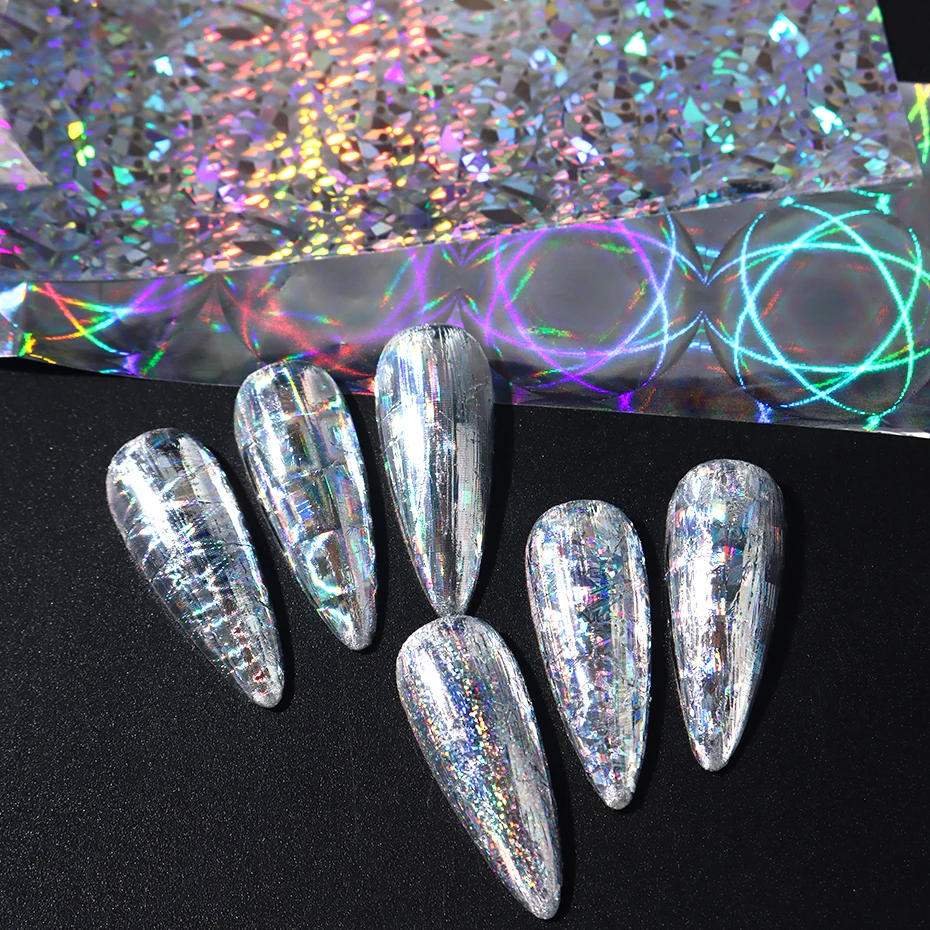 10 stks Holografische Nagelfolie Transfer Nail Art Folies Stickers Iriserende Regenboog Ster Geometrische Aurora Laser Nail Art Decoratie