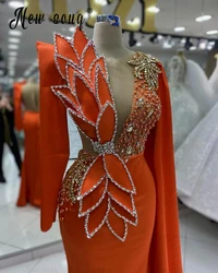 Saudi Arabia Aiby Crystals Orange Evening Dress Cape Sleeve 3D Leaf Design Bride Formal Prom Party Gowns Satin Engagement Dress