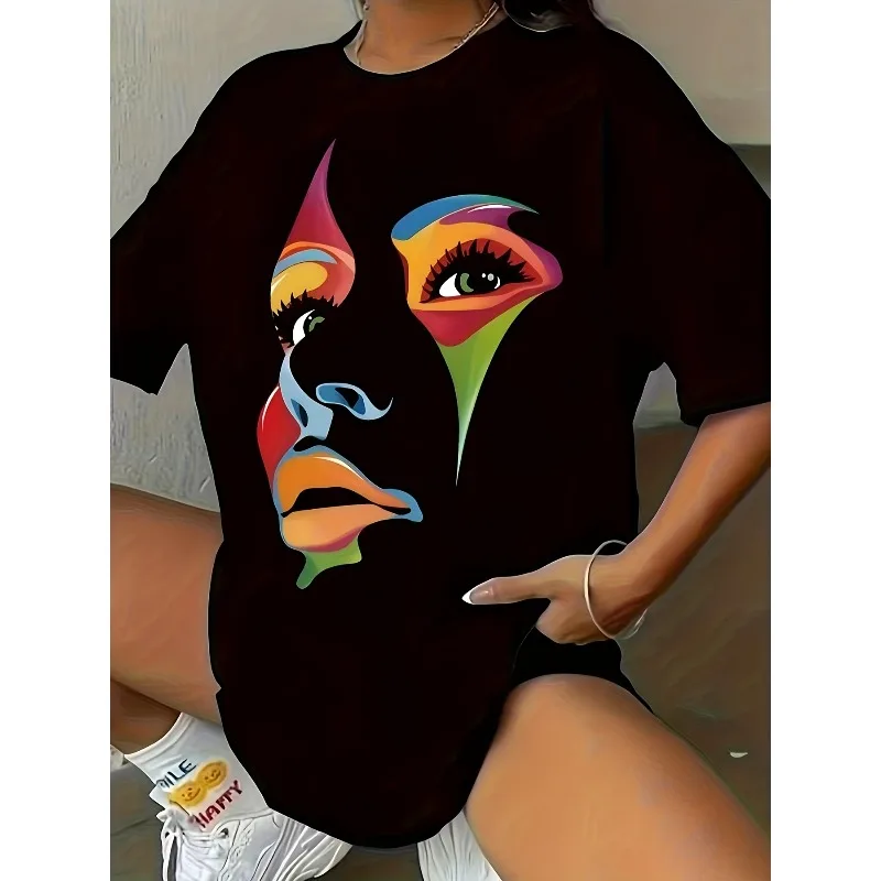 

Women's T-shirt Student Girl Loose Short Middle Aged Women Half Sleeve Women Versatile Black Round Neck Top Printed T-shirt